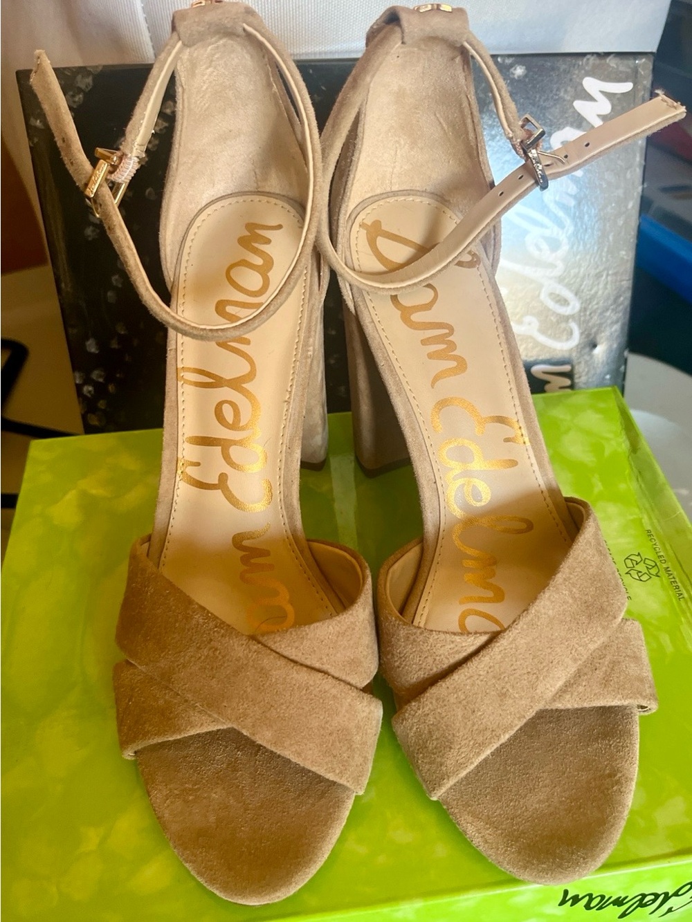 Sam Edelman Beige Suede Ankle-Strap Block Heel Sandals - Size 8 - New In Box